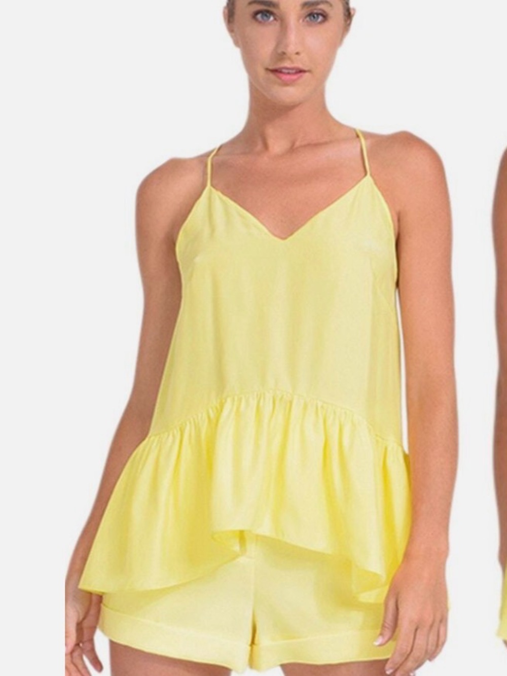 NWT Cinq à Sept Janet 100% Silk V-Neck Ruffle Hem Top, Yellow rose S